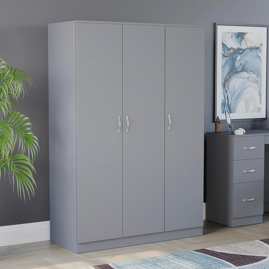 Grey 3 Door Wardrobe with Hanging Rail & Adjustable Shelf, Bedroom Storage
