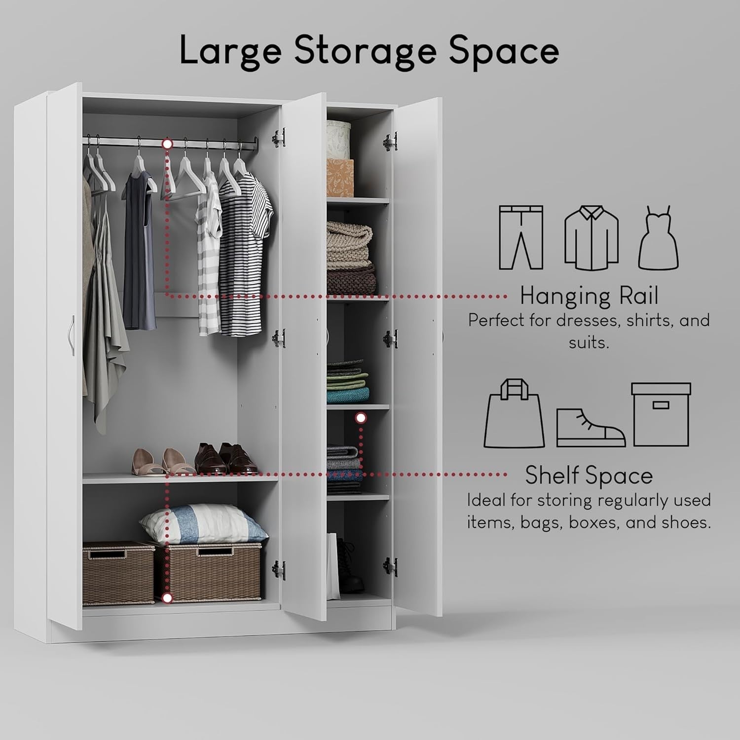 White 3 Door Bedroom Wardrobe with Hanging Rail & Shelf | Spacious Storage
