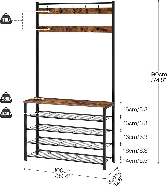 Industrial Coat Rack with Shoe Bench & 9 Hooks | Rustic Brown Hall Tree Organize
