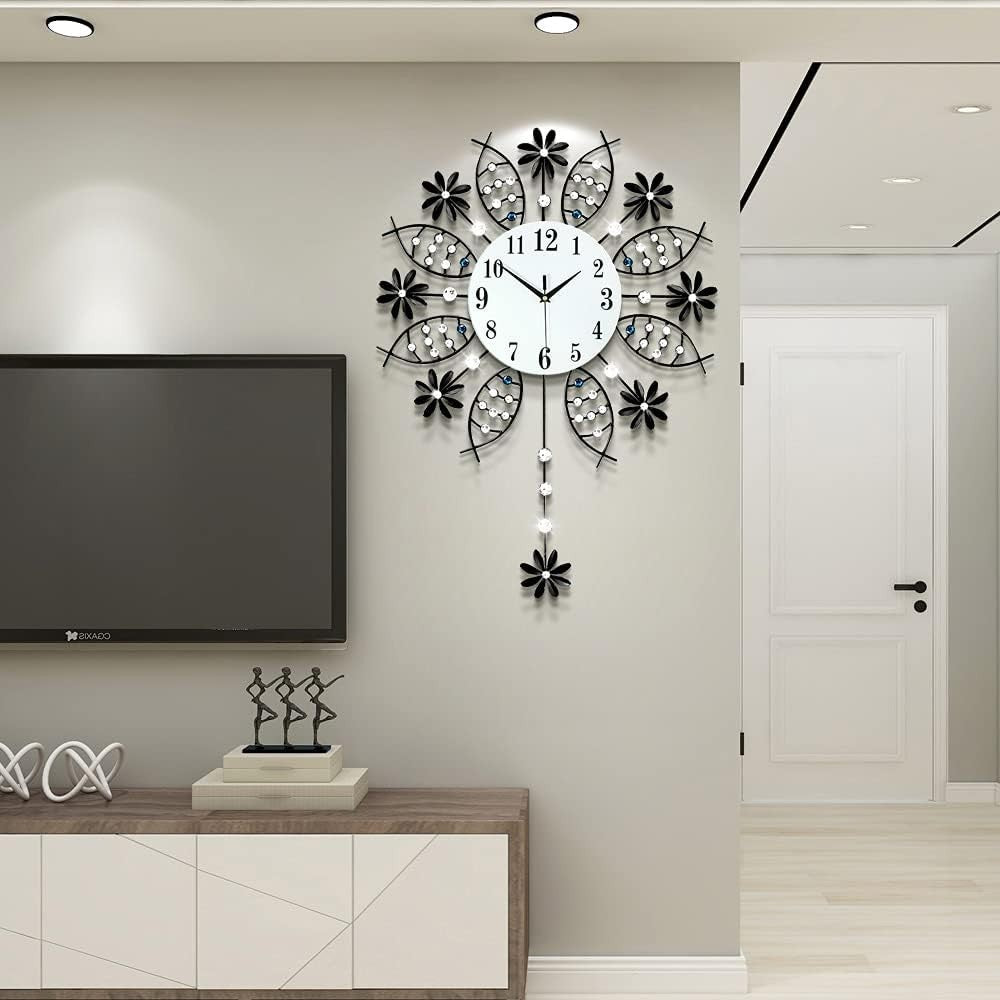 Oversized Silent Wall Clock 22" Modern Glass Crystal Pendulum Decor
