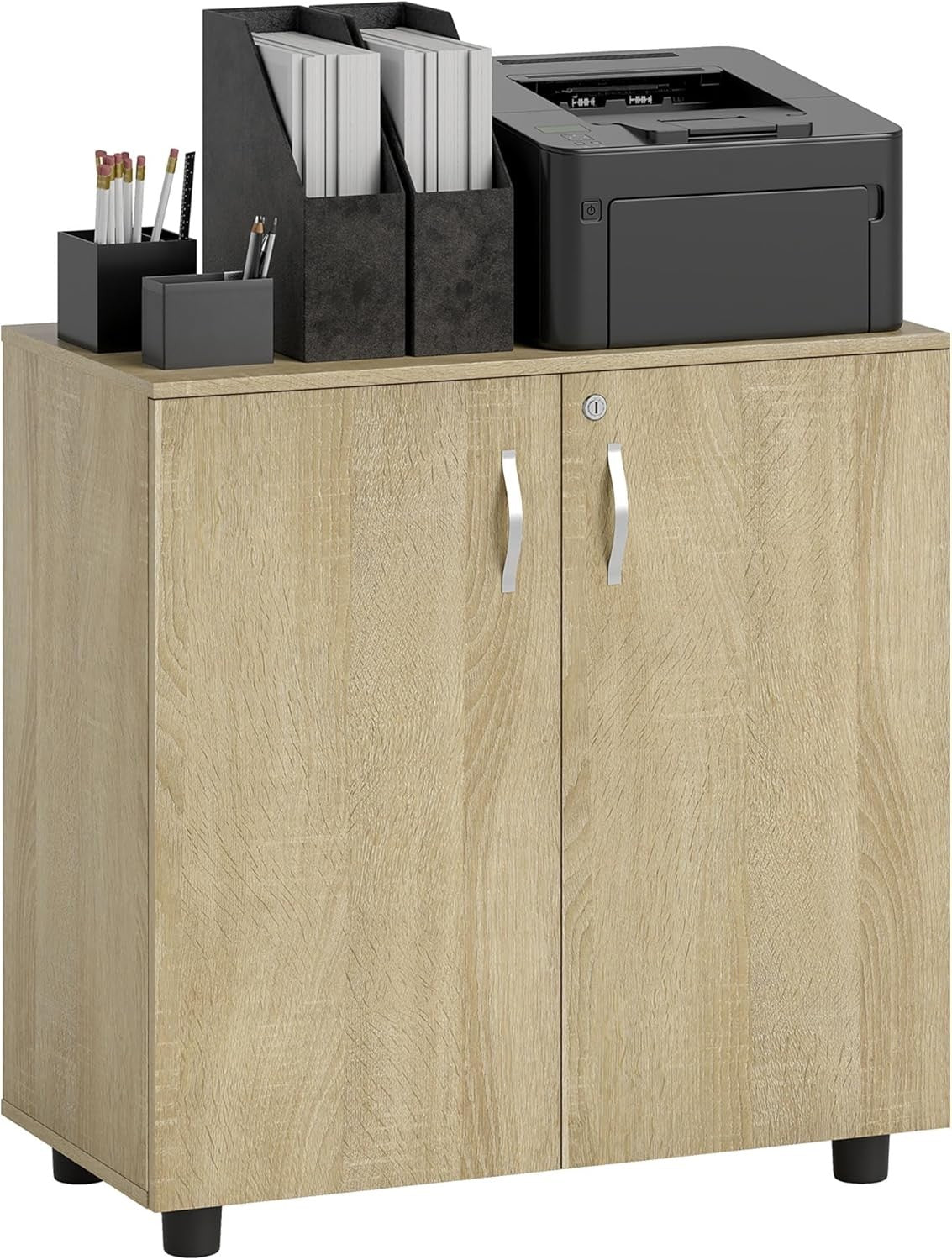 Oak Lockable Filing Cabinet Office Storage Cupboard 2 Door 2 Tier Shelves