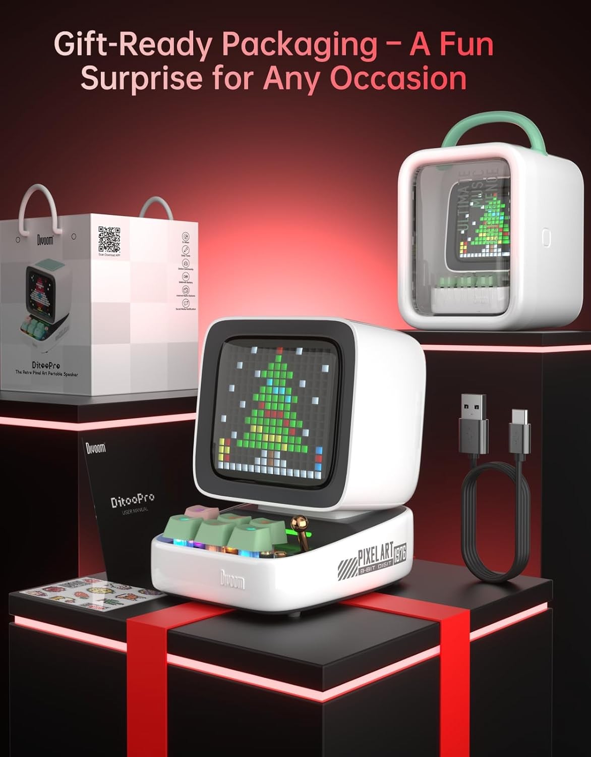 Retro Pixel Art Bluetooth Speaker RGB Display Alarm Clock White Desktop