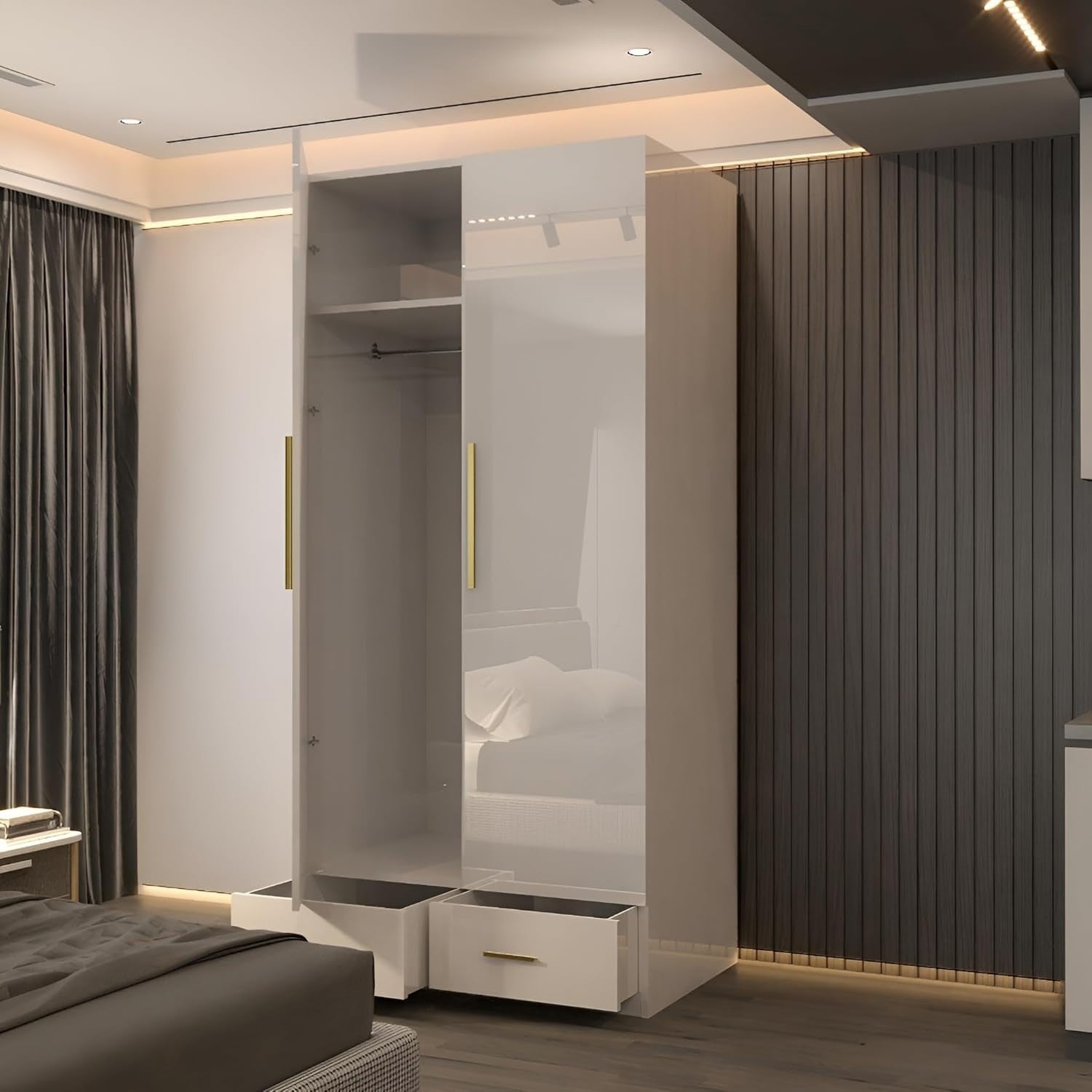 90cm High Gloss Mirrored Wardrobe with Shelves, Rail & Drawer - Modern