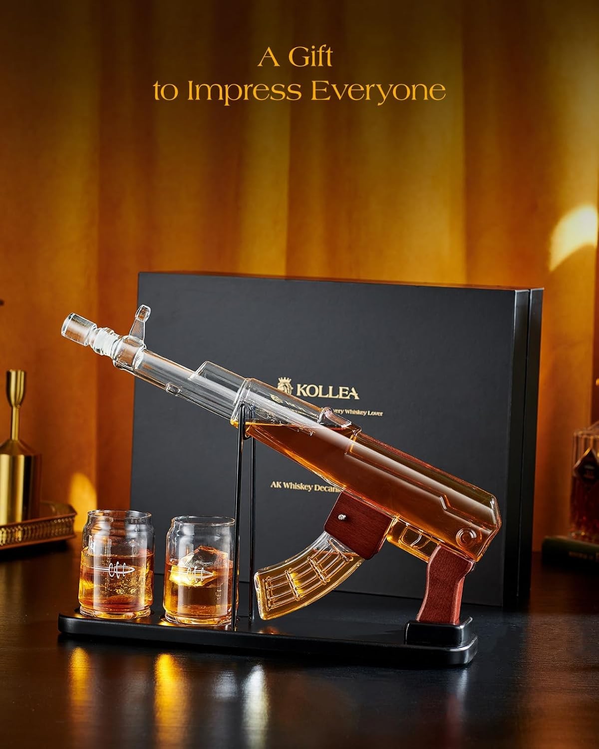 Gun Style Whiskey Decanter Set 17.6oz with Stand & 2 Glasses – Unique Gift for M