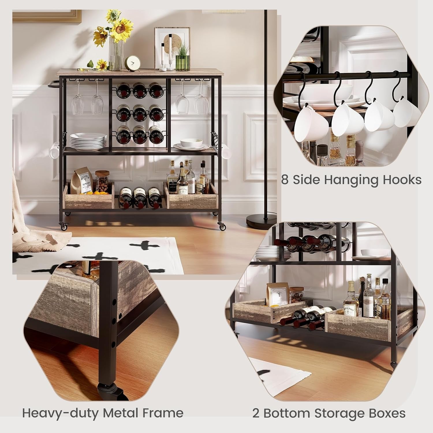 Kitchen Serving Trolley Bar Cart Wine Rack Glass Holder Lockable Wheels