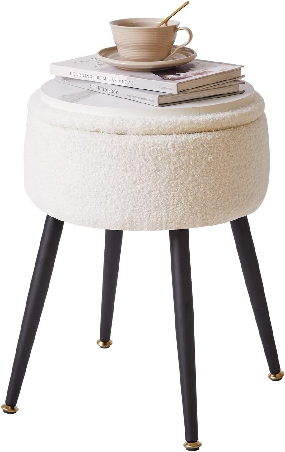 White Round Teddy Fur Stool with Storage – Soft Vanity Ottoman Chair