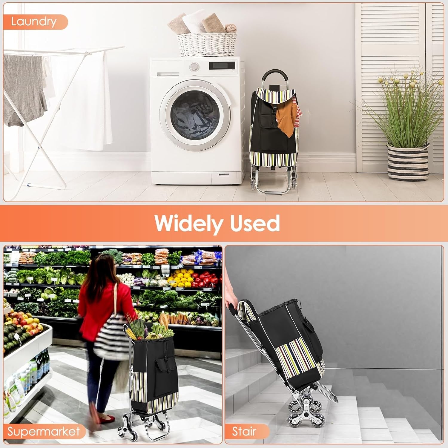 3 in 1 Foldable Shopping Trolley 6 Wheel Stair Climbing Insulated Bag