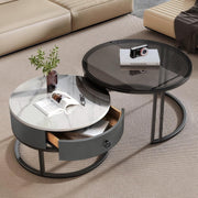 Luxury 2-in-1 Nesting Coffee Table Set with Drawer, Marble & Glass Top, Space