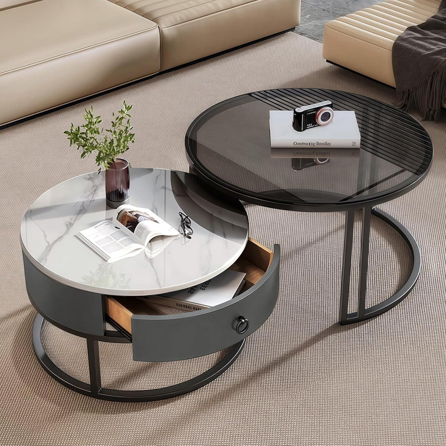 Luxury 2-in-1 Nesting Coffee Table Set with Drawer, Marble & Glass Top, Space