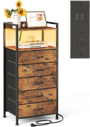 Tall Rustic Brown LED Nightstand with Charging Ports 5-Drawer Modern Storage