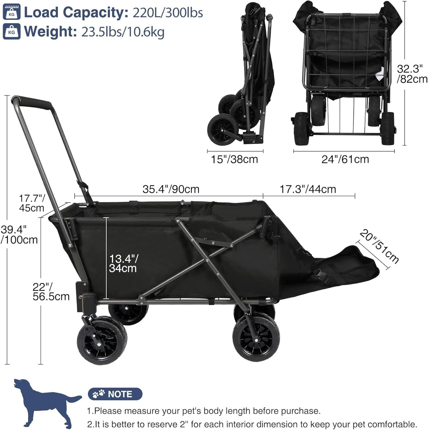 Heavy Duty Folding Dog Wagon Cart w/ Extendable Rear All-Terrain Wheels 150lb