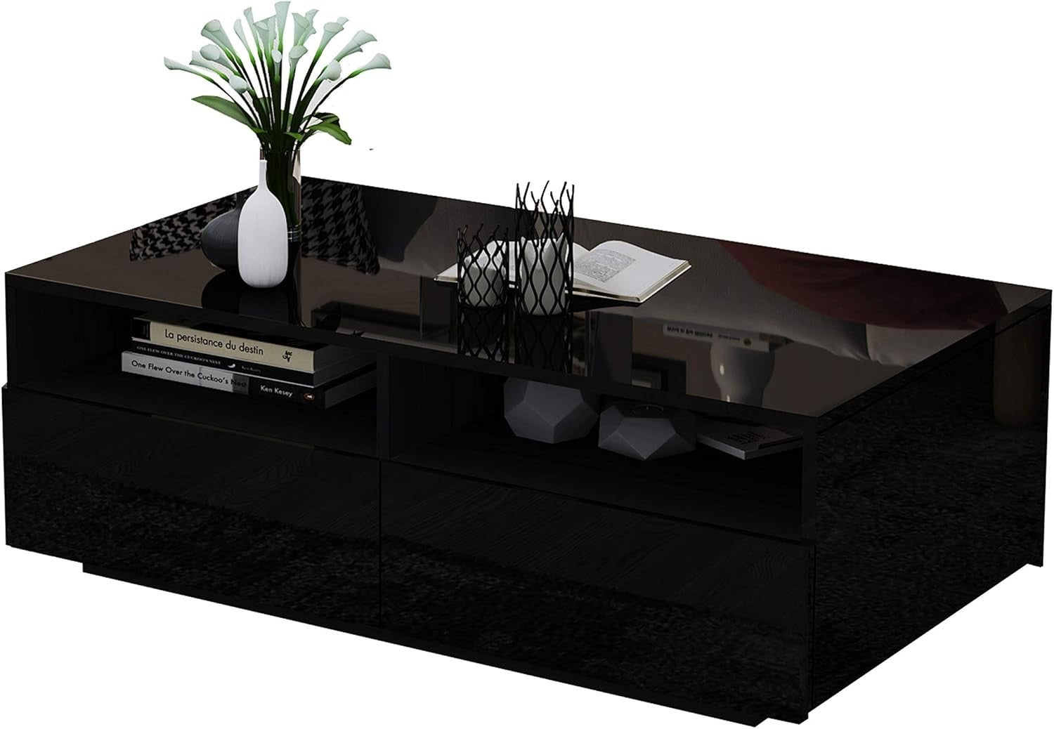 Black Gloss Coffee Table with 4 Drawers Storage Modern 85x55x35cm