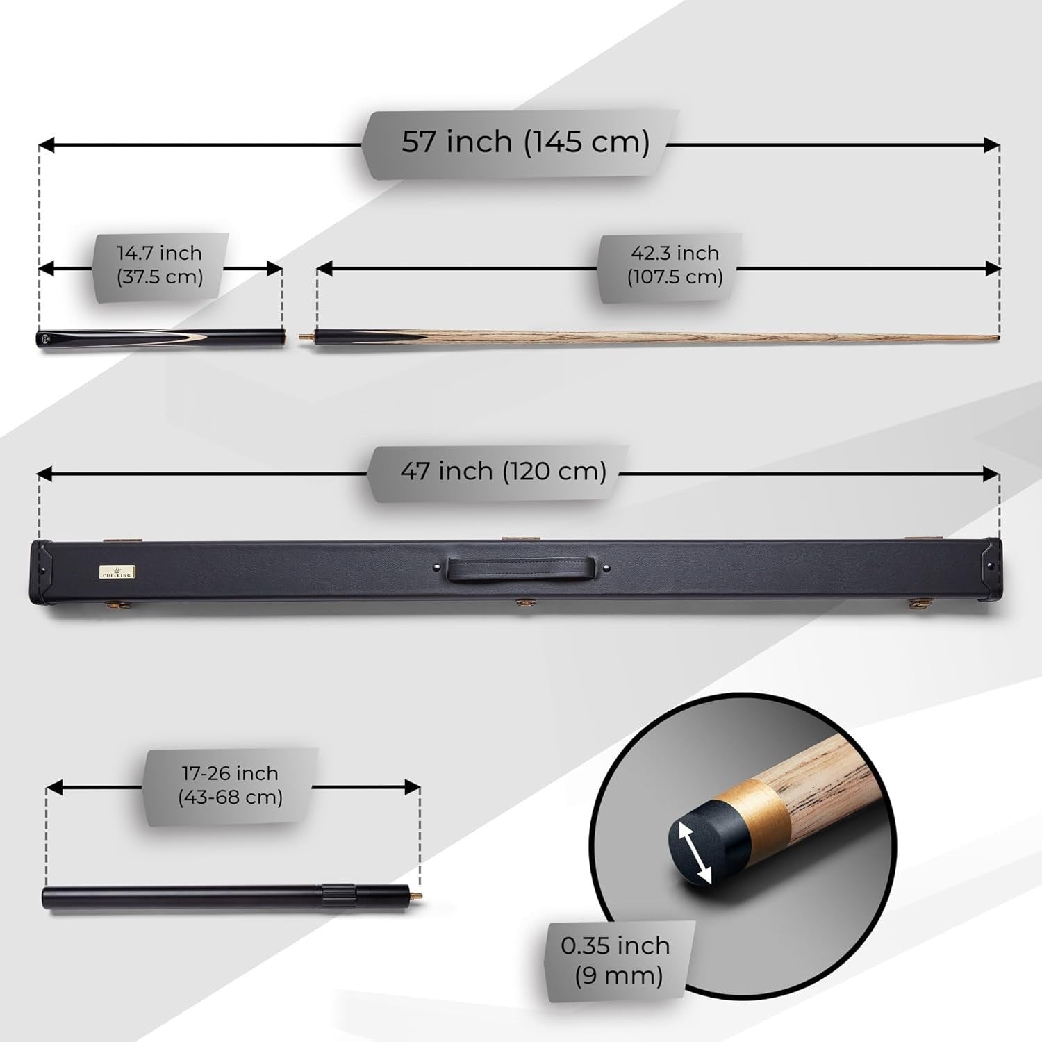 Handmade 57in Snooker Pool Cue 19oz 3/4 Joint 9.5mm Tip Case