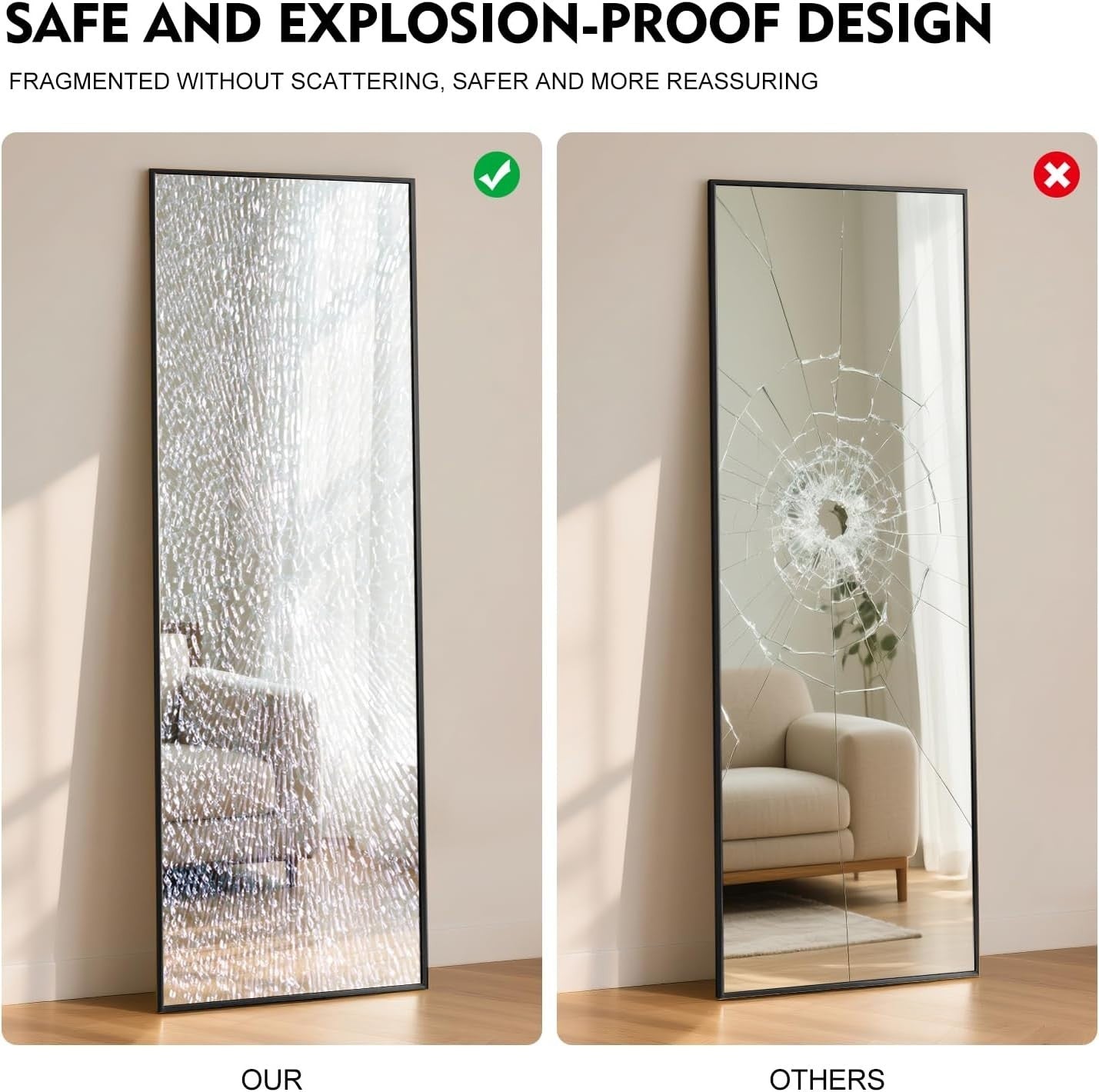 Full Length Mirror 152x42cm Black Frame Tempered Glass Slim for Small Rooms