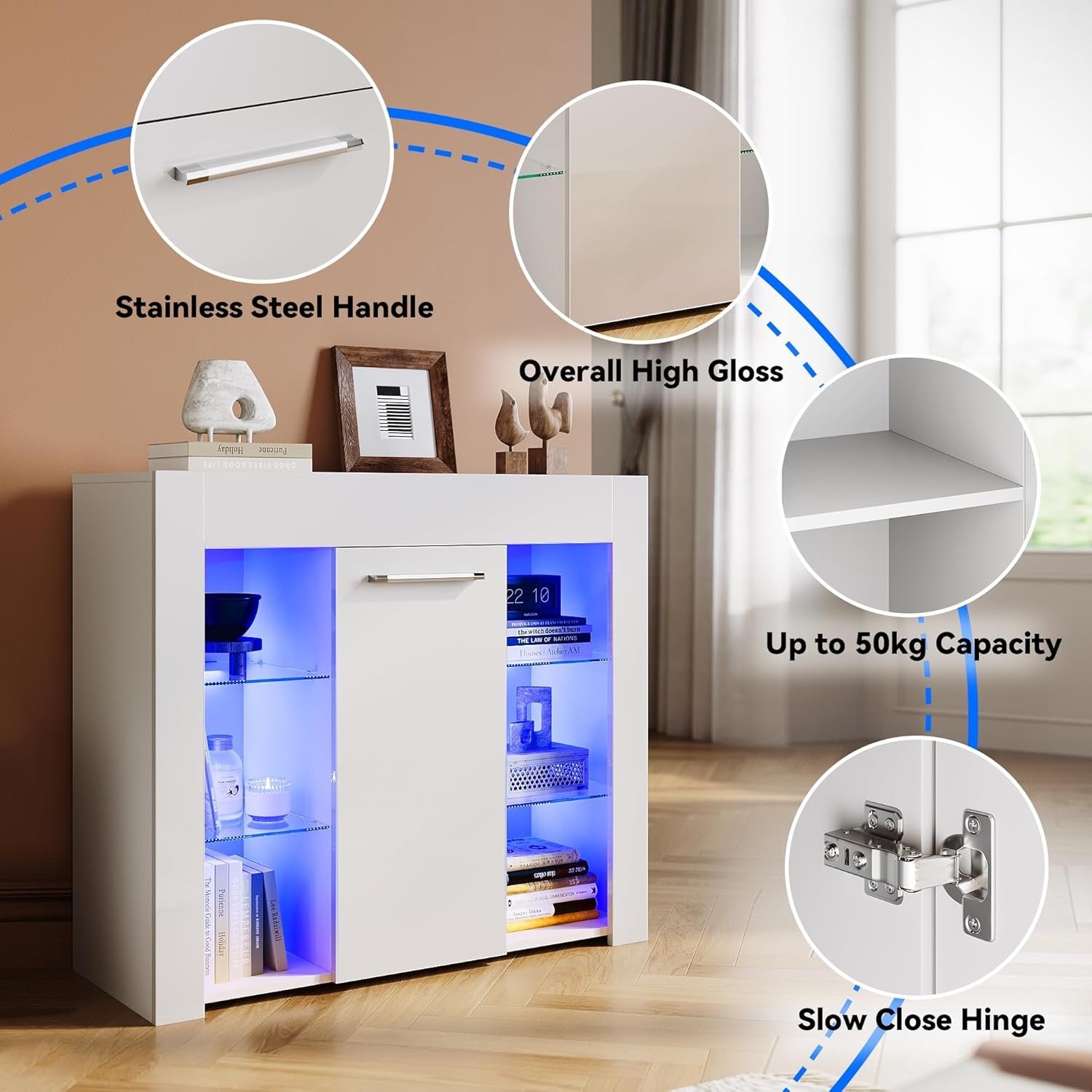 High Gloss LED Sideboard Display Cabinet with Glass Shelves White 83cm