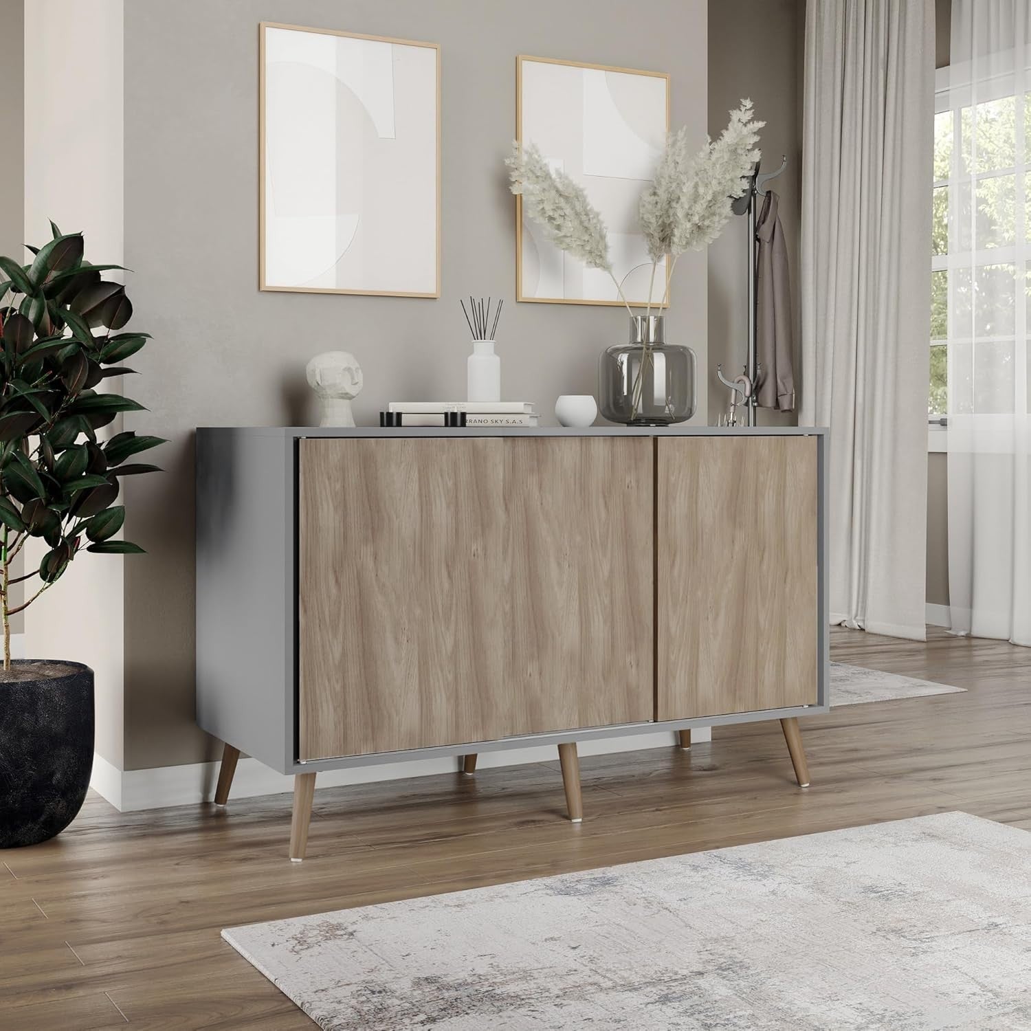 Modern Sideboard Cabinet Storage Unit Grey Oak 3 Door Sliding Pine Legs
