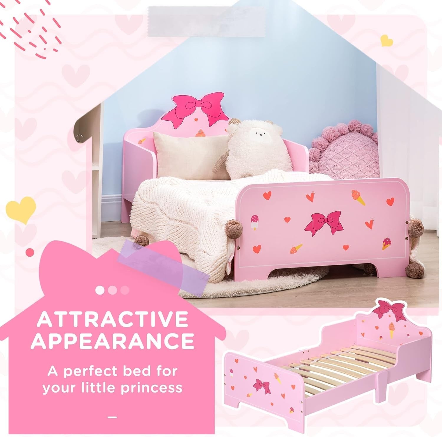 Kids Toddler Bed with Safety Rails Wooden Low Frame Girls Bedroom Princess Pink