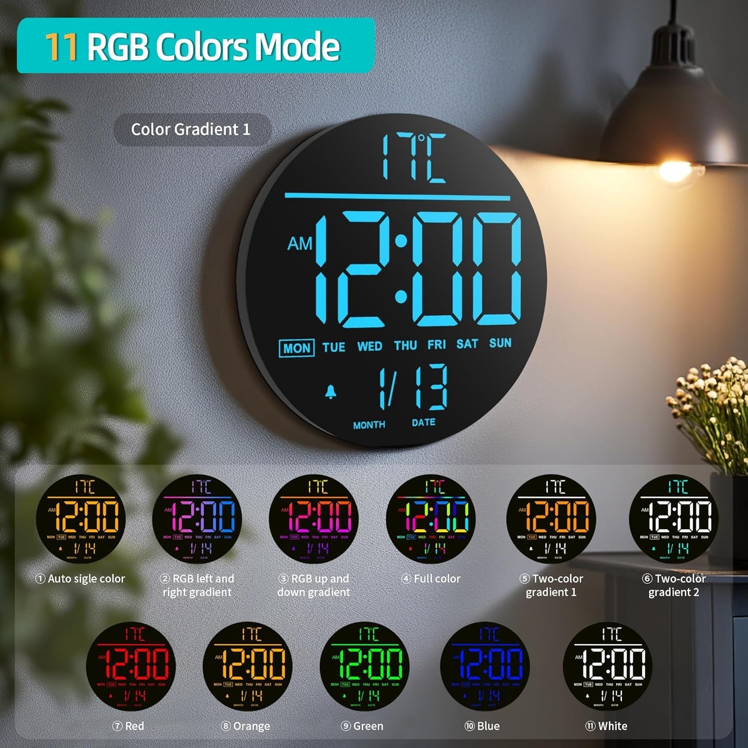 Black Blue 10″ RGB Digital Wall Clock LED Large Display Remote Temperature