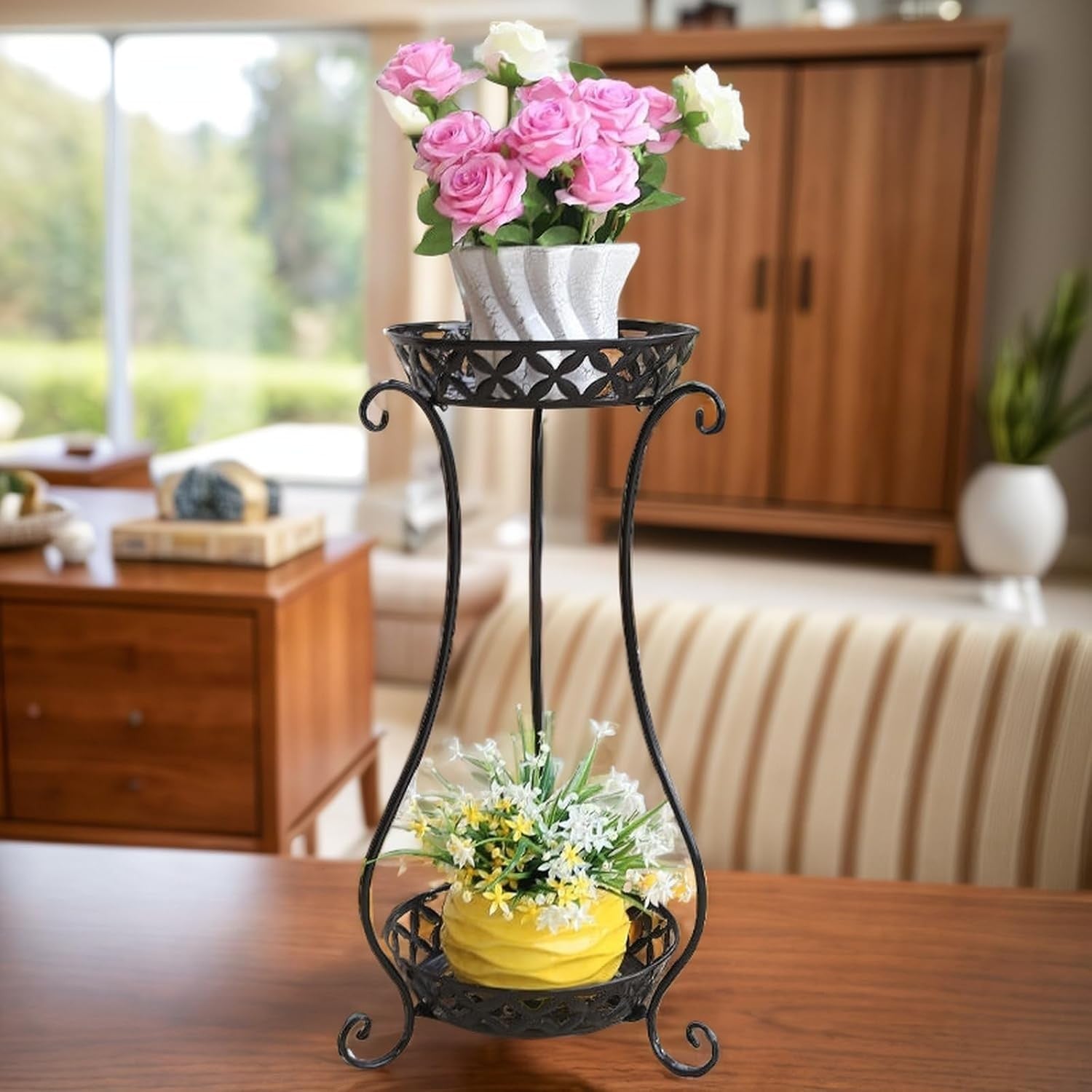 2 Tier Black Metal Plant Stand Indoor Outdoor Tall Flower Pot Display Shelf