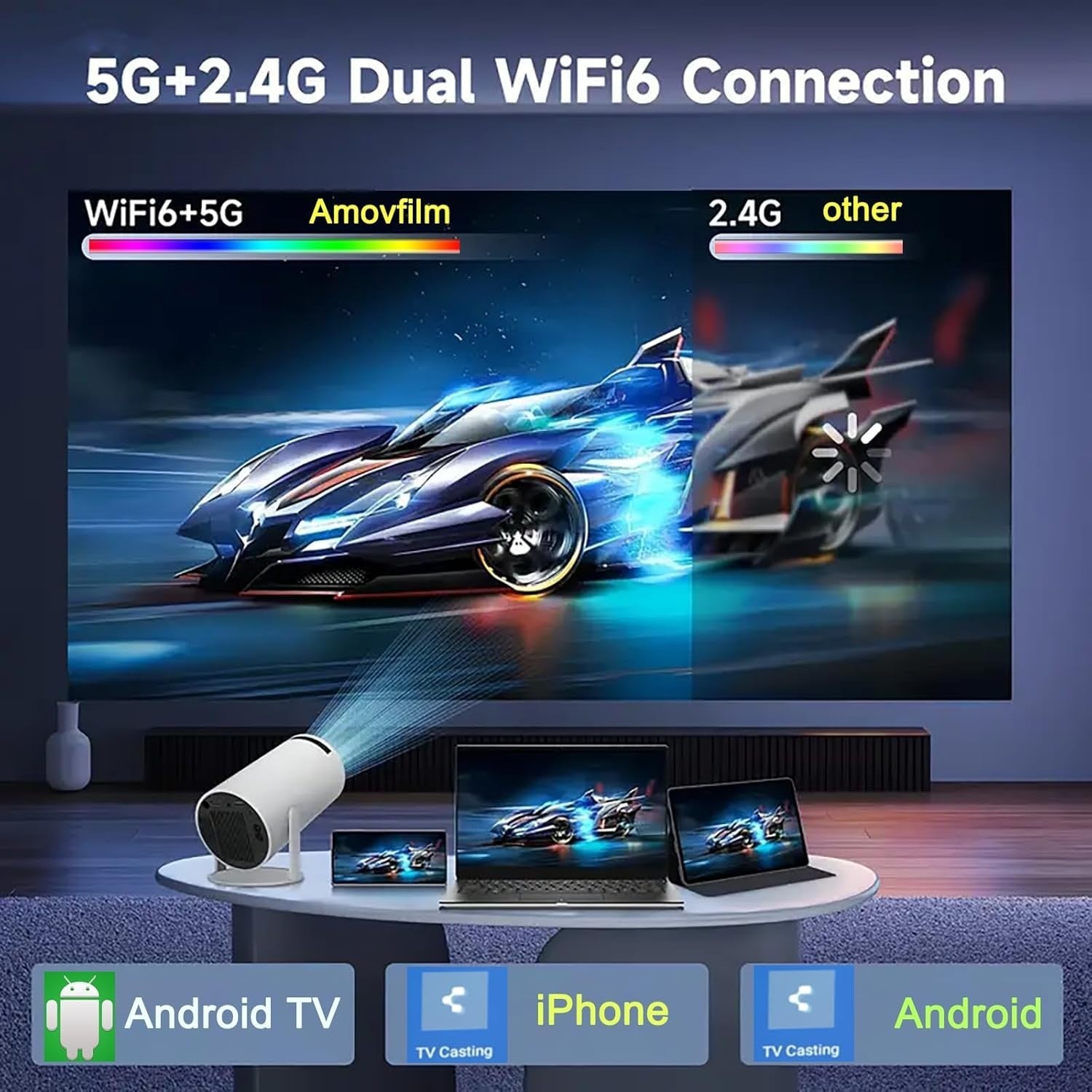 4K Smart Mini Projector WiFi 6 Bluetooth Android Auto Keystone
