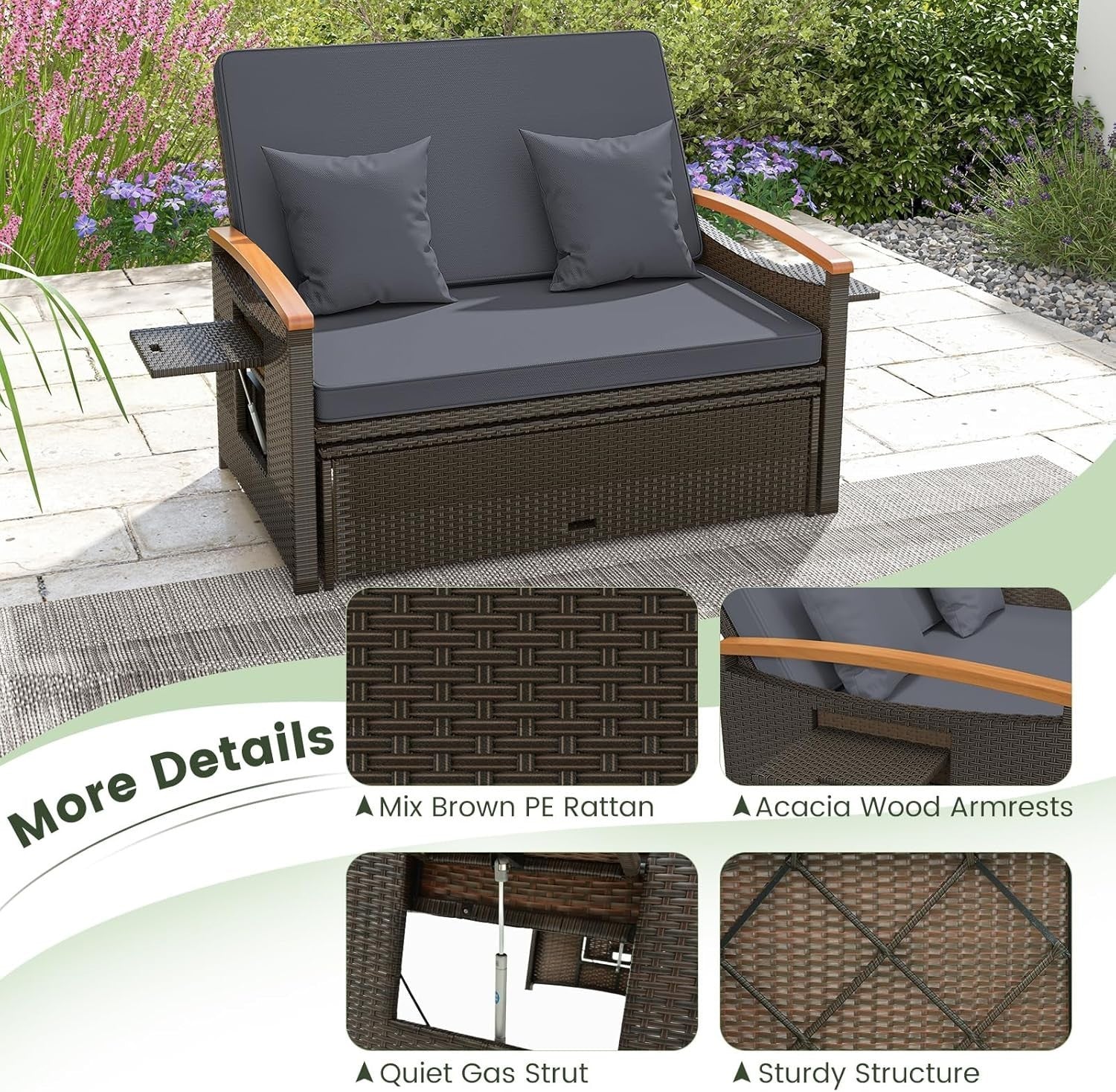 3-in-1 Grey Outdoor Rattan Daybed with Adjustable Back, Storage & Side Trays