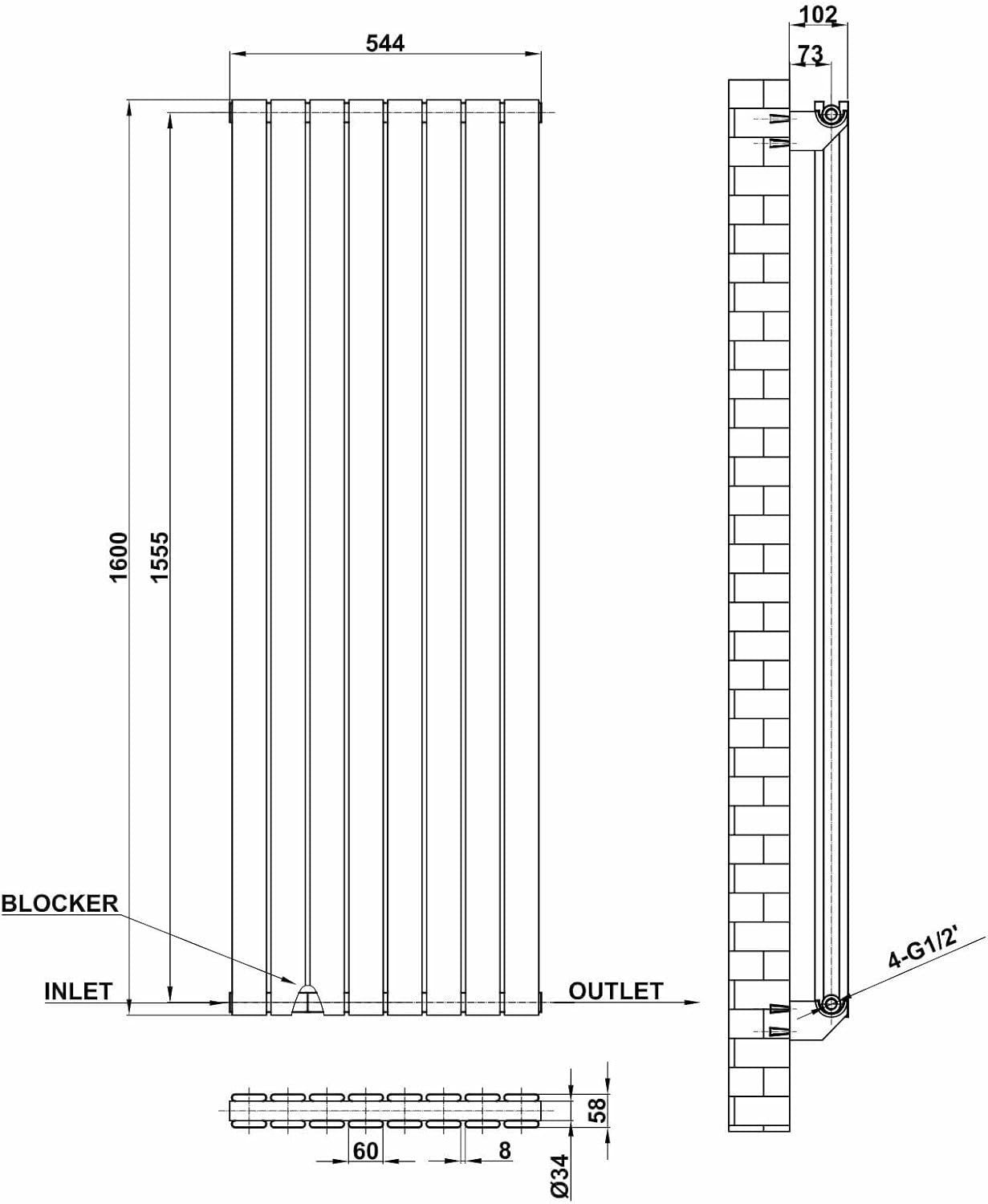 Vertical Designer Radiator White 1600x544mm Double Modern Central Heating