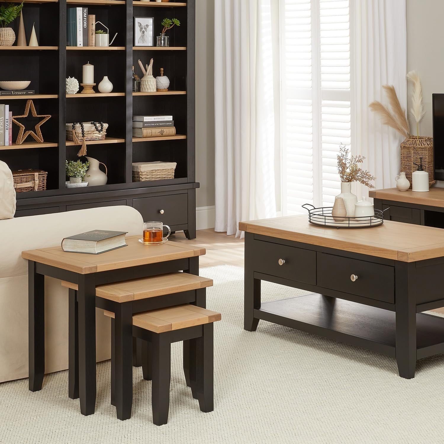 Space Saving Nesting Coffee Table Black Oak Wood Storage Rectangular 45cm