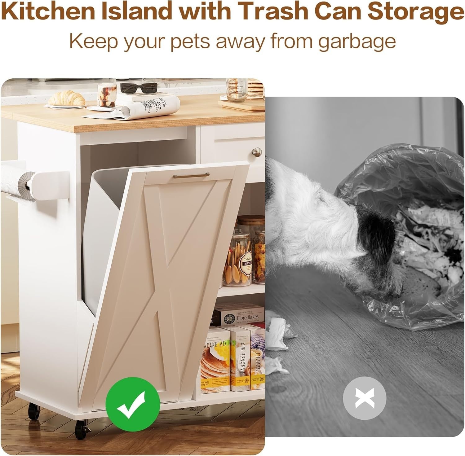 Rolling Kitchen Island Cart with Drop-Leaf, Trash Storage & Spice Rack, 120x40x8