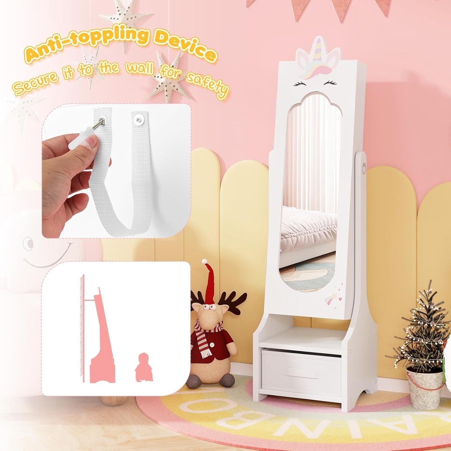 White Jewellery Cabinet Armoire Full Length Mirror Storage for Girls