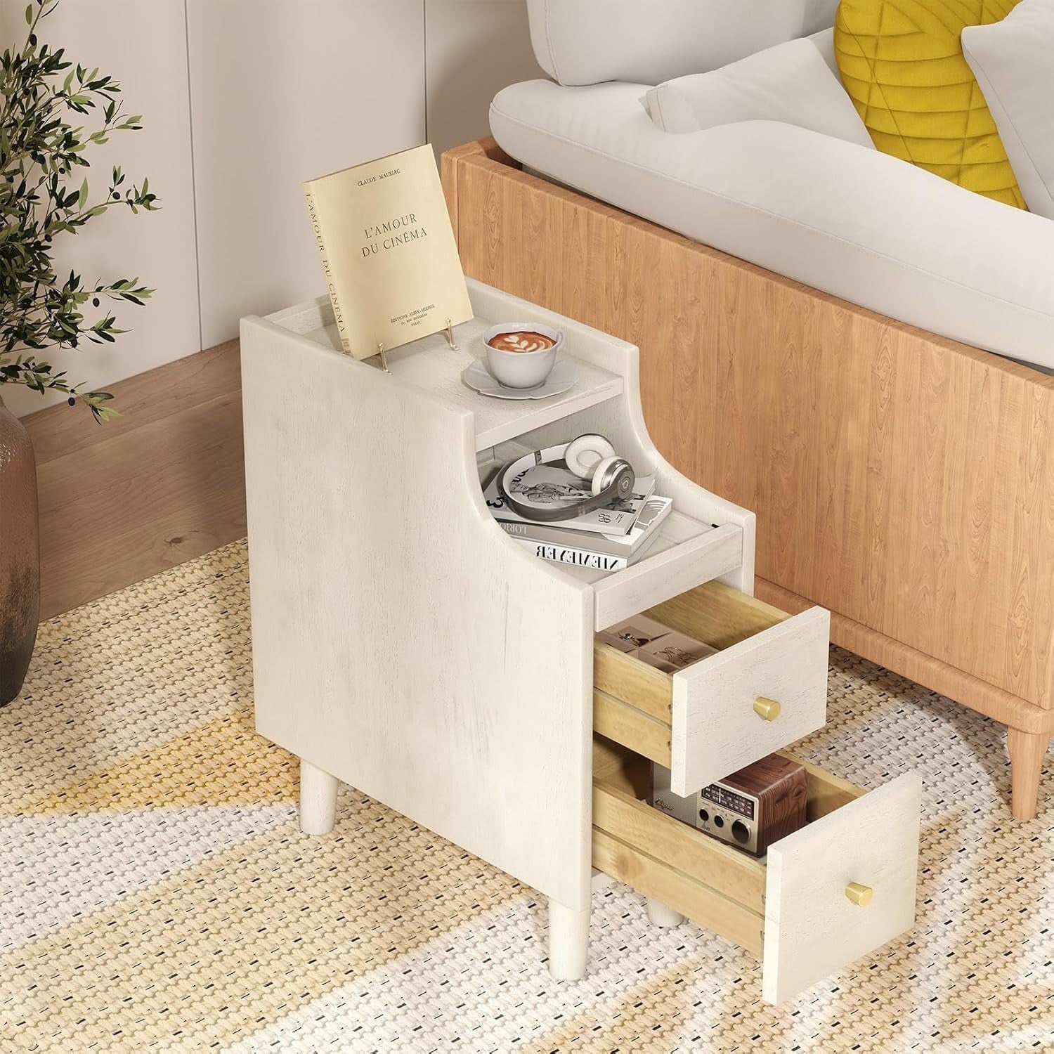 Slim White Bedside Table with 2 Drawers, Pull-Out Tray & Cable Hole, 41x20x50cm