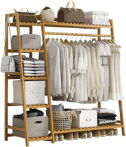 Natural Bamboo Clothes Rack with Shelves & Side Hooks – Wood