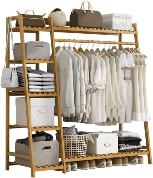 Natural Bamboo Clothes Rack with Shelves & Side Hooks – Wood