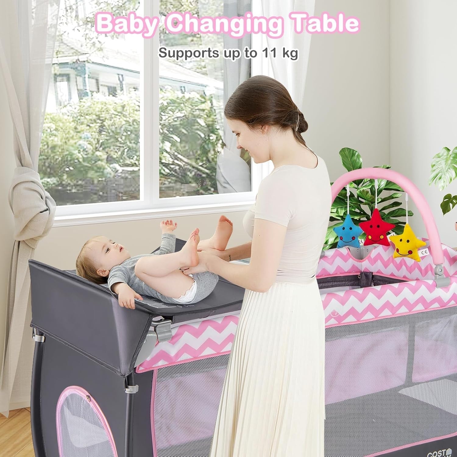 4in1 Travel Cot Baby Bedside Foldable Crib Bassinet Portable Playard Pink
