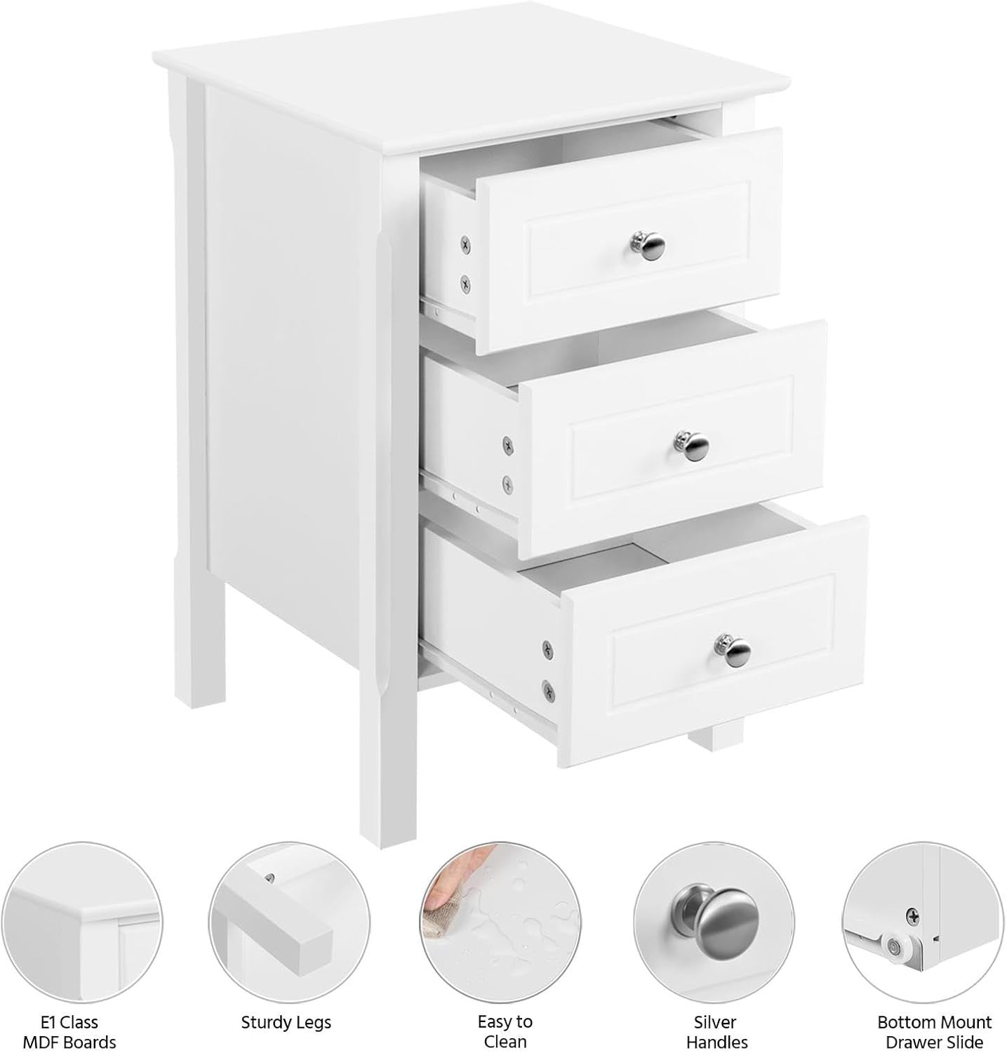 White Bedside Tables Set of 2 with 3 Drawers | Solid Wood Legs