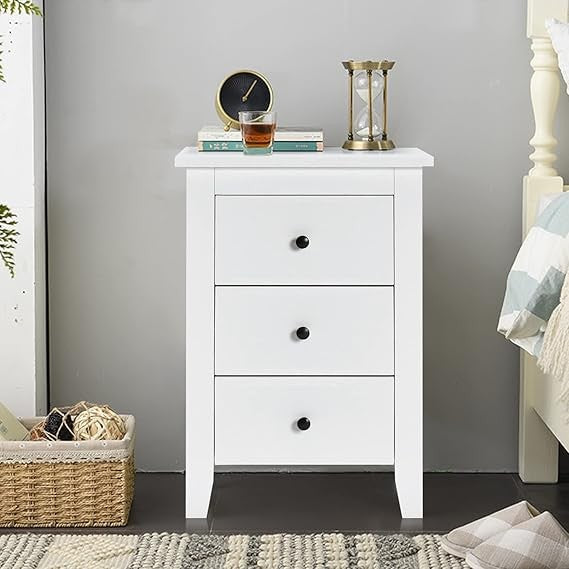 White Wooden Bedside Tables Set of 2 – Modern 3 Drawer Nightstands with Storage