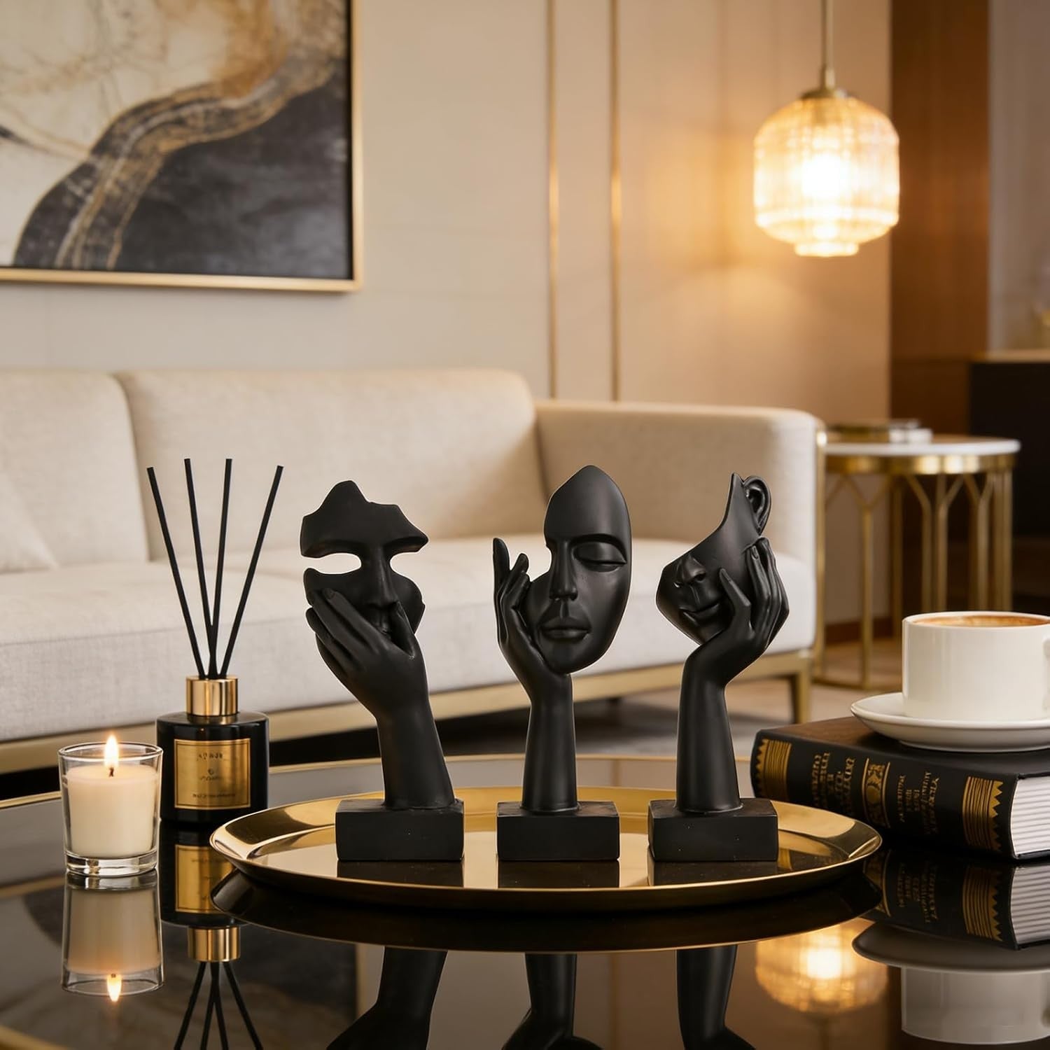 Black Woman Face Statue Set of 3 Modern Home Desk Decor