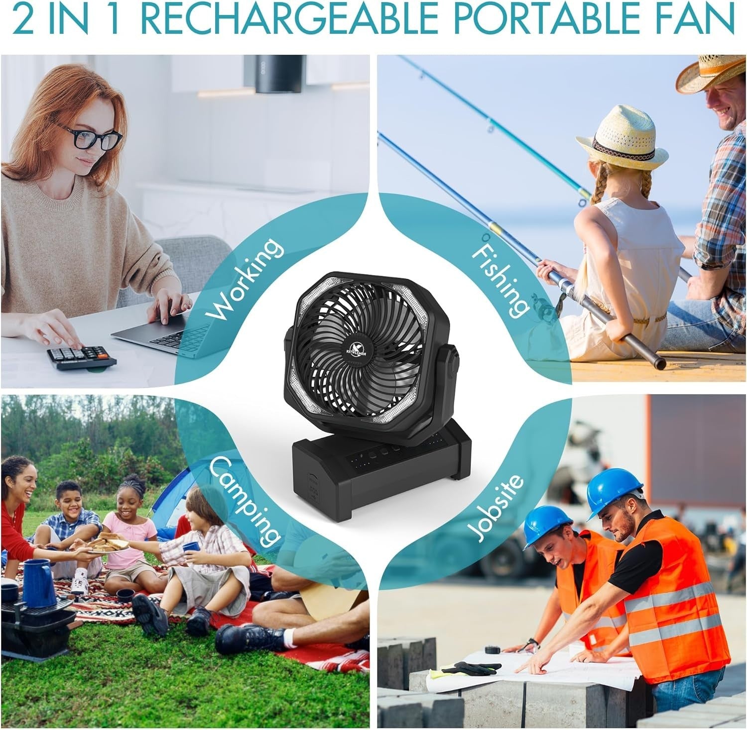 20000mAh Camping Fan – LED Desk Fan w/ Remote, Hook & Rechargeable Battery Black