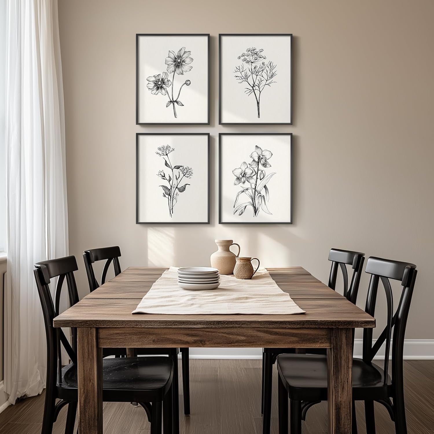 4-Piece Black White Floral Canvas Wall Art Framed Modern Farmhouse Decor