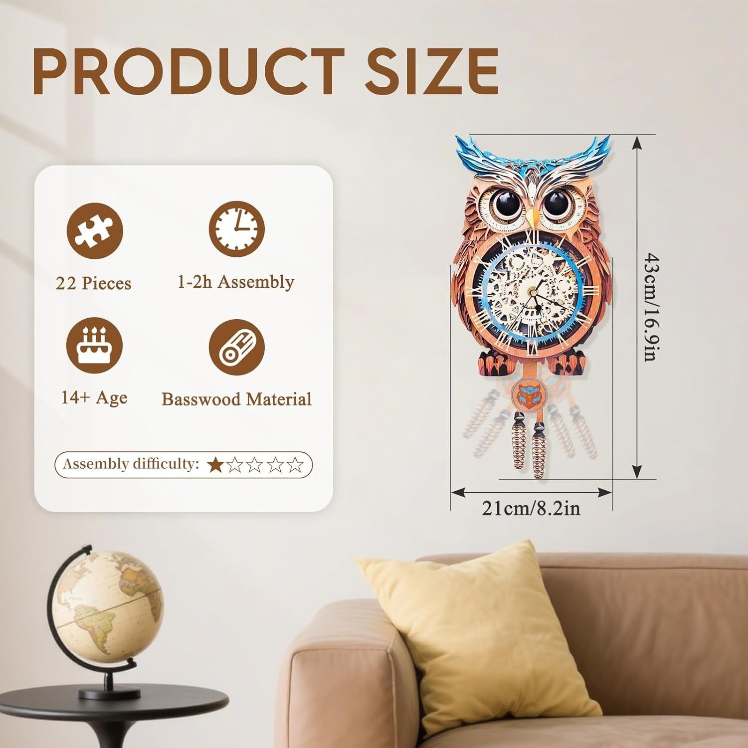 3D Owl Clock Puzzle Wooden Wall Art Timepiece DIY Home Decor Gift
