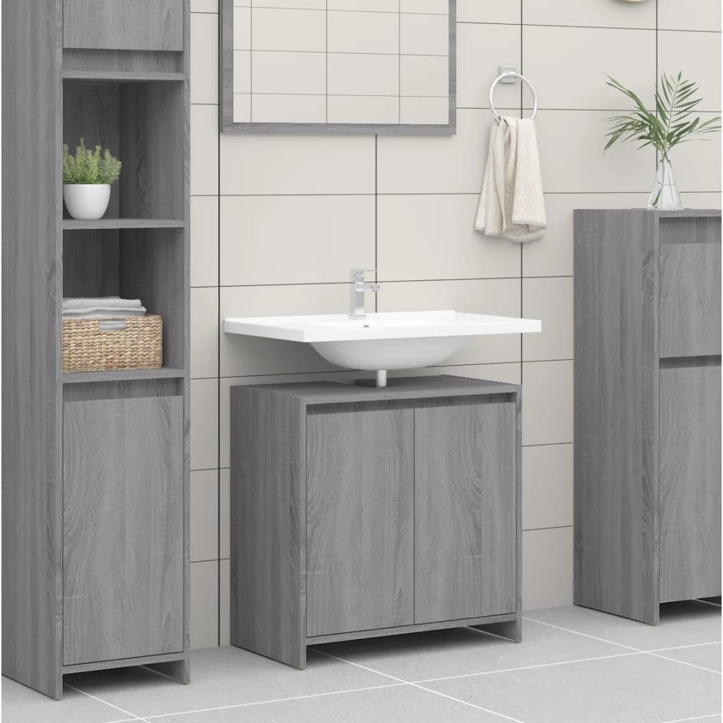 Grey Oak Bathroom Sink Cabinet – 2 Door Under Sink Storage Unit 60x61cm