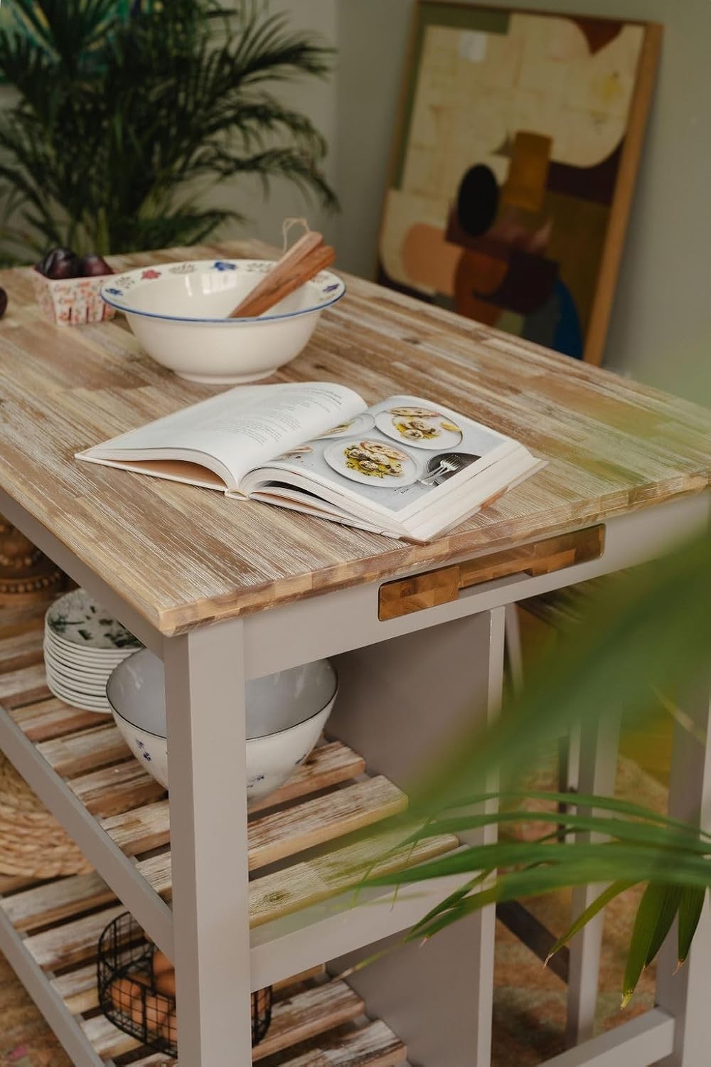 Breakfast Bar with Acacia Wood Top Storage Shelves Kitchen Island Truffle Home