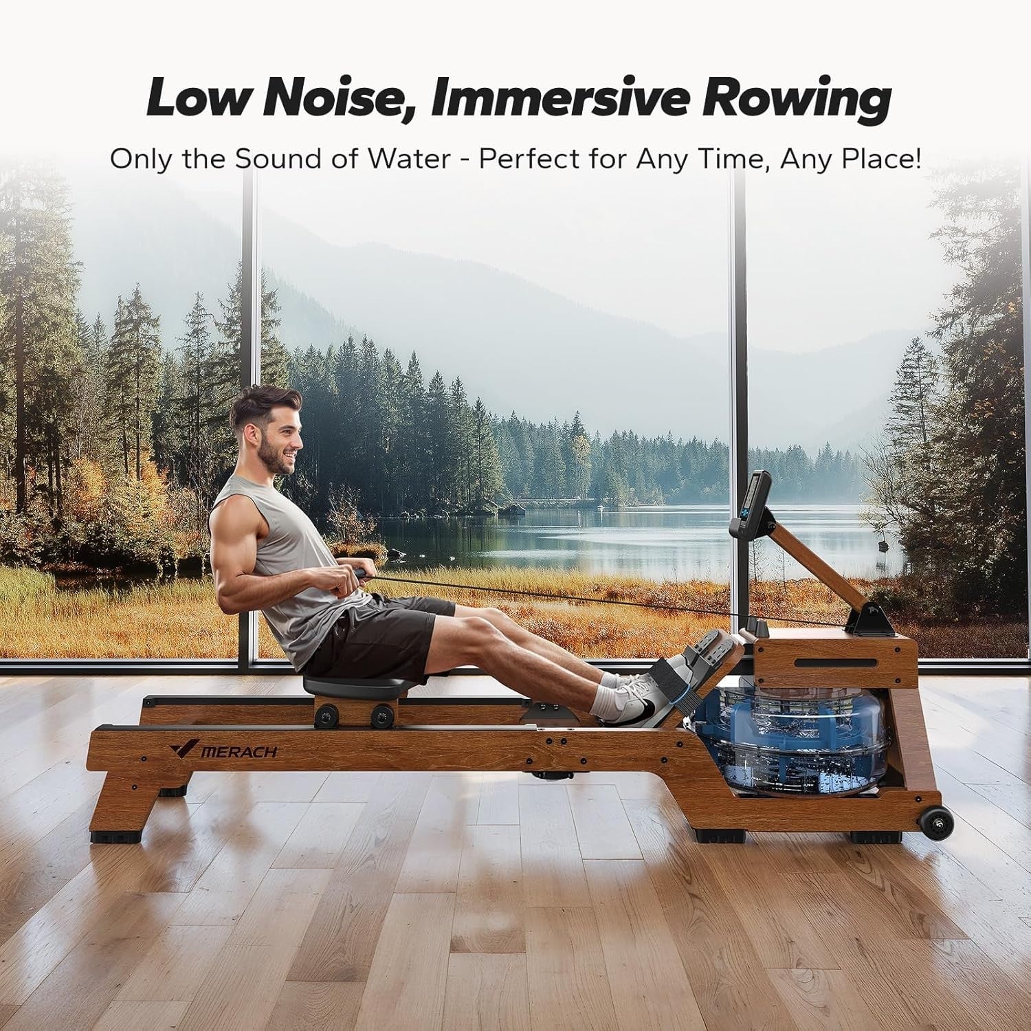 Wood Water Rowing Machine 6-Level Resistance 22L Tank Quiet App Compatible Home