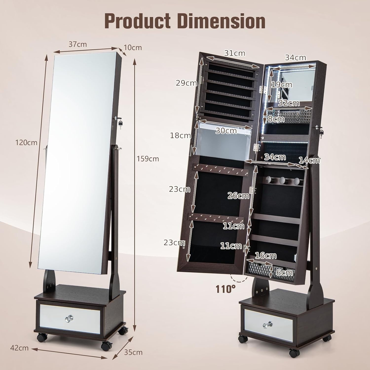 Brown LED Jewellery Cabinet Lockable Full Length Mirror Mobile Storage