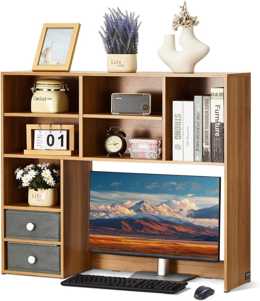 3-Tier Desktop Bookshelf 94cm Wood Desk Hutch Organizer w/ Fabric Drawers