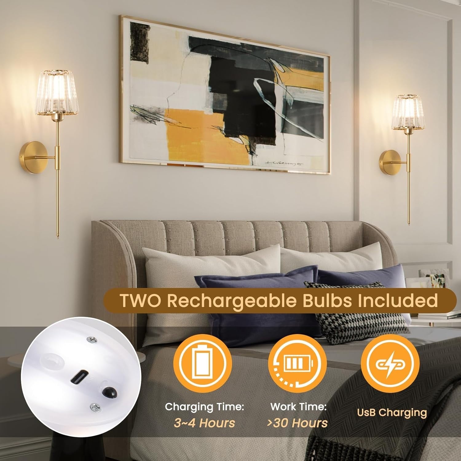 Gold Crystal Wall Sconces Set of 2 Battery Powered RGB Lights with Remote