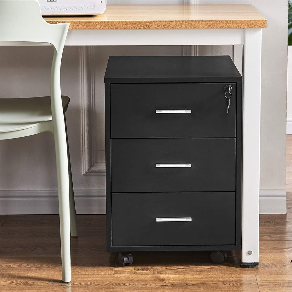 3 Drawer Mobile File Cabinet Lockable A4 Under Desk Storage on Wheels