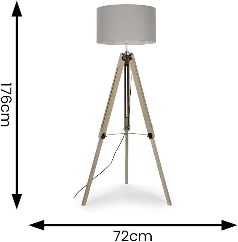Modern Tripod Floor Lamp with Grey Drum Shade, Wood & Chrome, 154cm