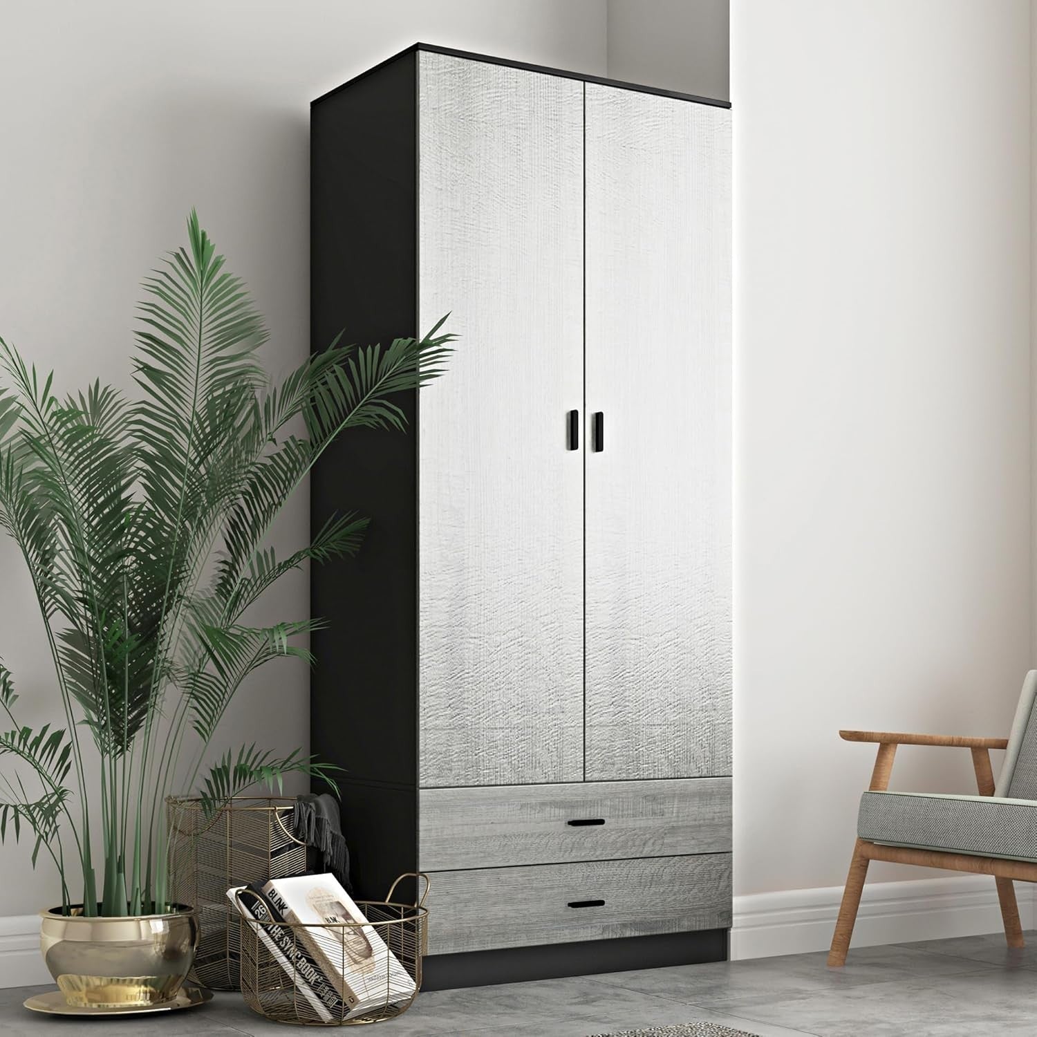 Tall Wardrobe Black Ash Grey 2 Door 2 Drawer Bedroom Clothes Storage Unit