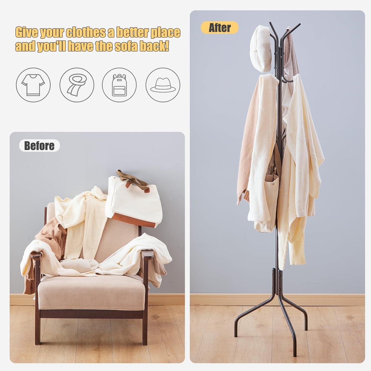 Freestanding Coat Rack with 12 Hooks | Brown Metal Hat & Scarf Stand