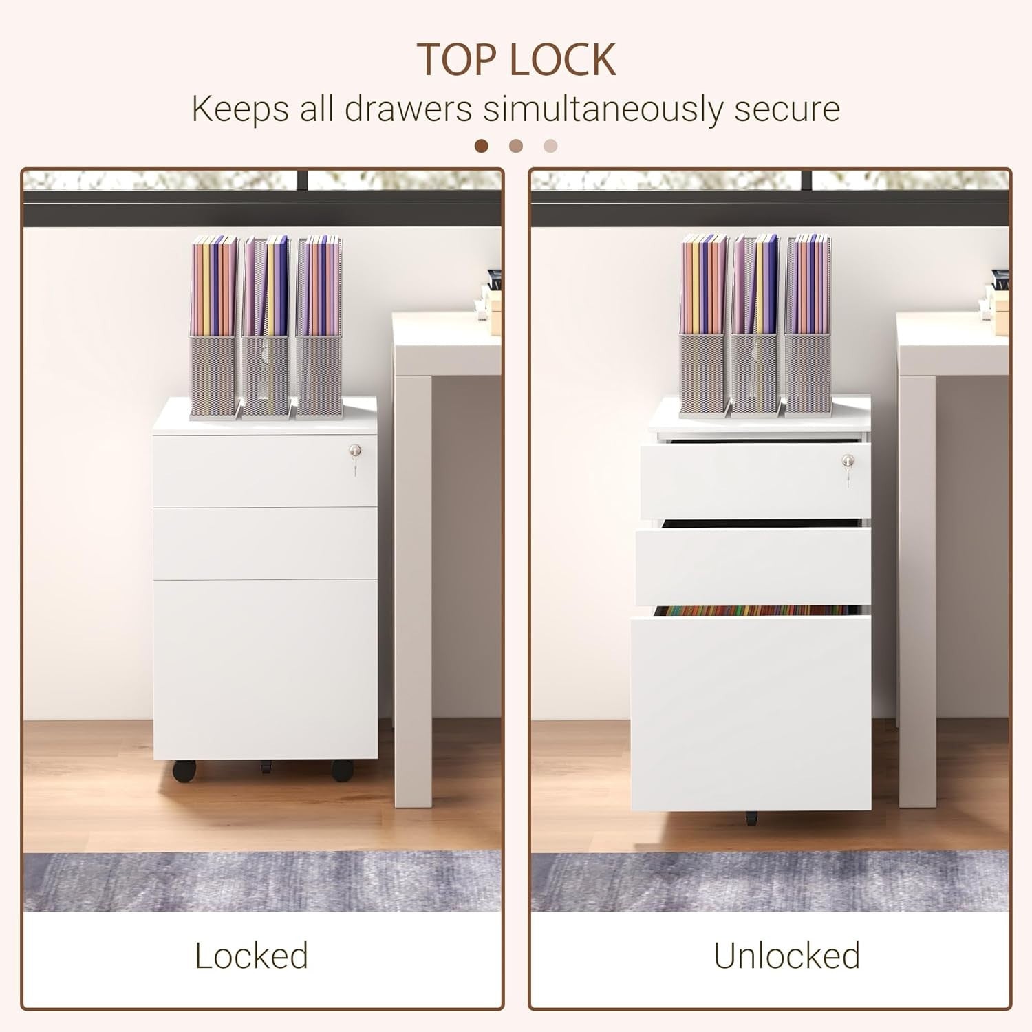 Locking Steel Rolling File Cabinet 3 Drawer A4 Legal Under Desk Unit